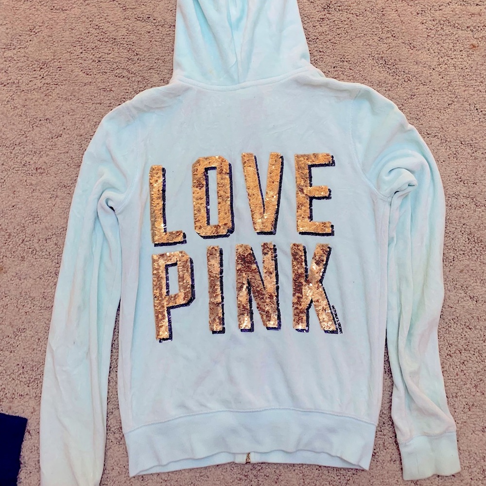 LOVE PINK light blue velvet zip up jacket